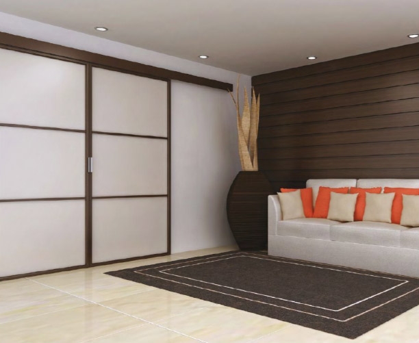 room with sofa, rug and sliding door