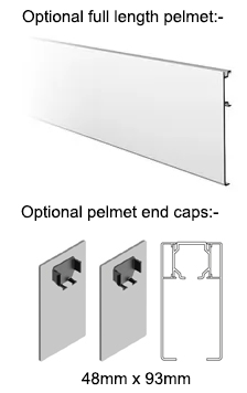Optional full length clip on pelmet, optional pelmet end caps