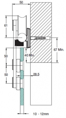 Projeto 150G designer sliding door gear for frameless glass - cross section dimensions