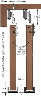 SAHECO SF-53 top hung wardrobe sliding kit - cross section dimensions